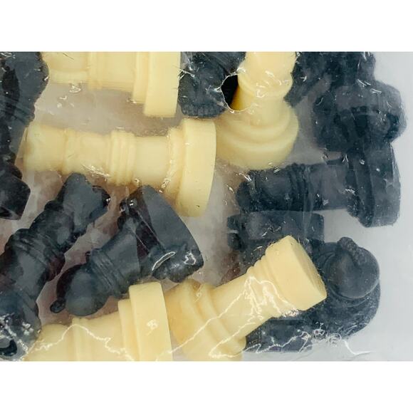 Chess Board Game Pieces Only Mini Small Beige Black Plasitc .75" x .5" D NIP - Picture 2 of 5